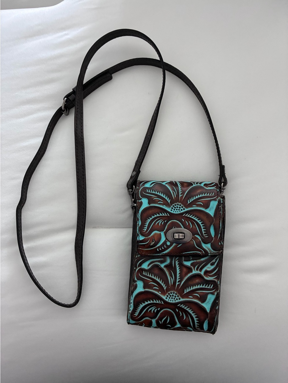 Patricia Nash Tooled Leather Crossbody Phone Bag in Turquoise and Brown